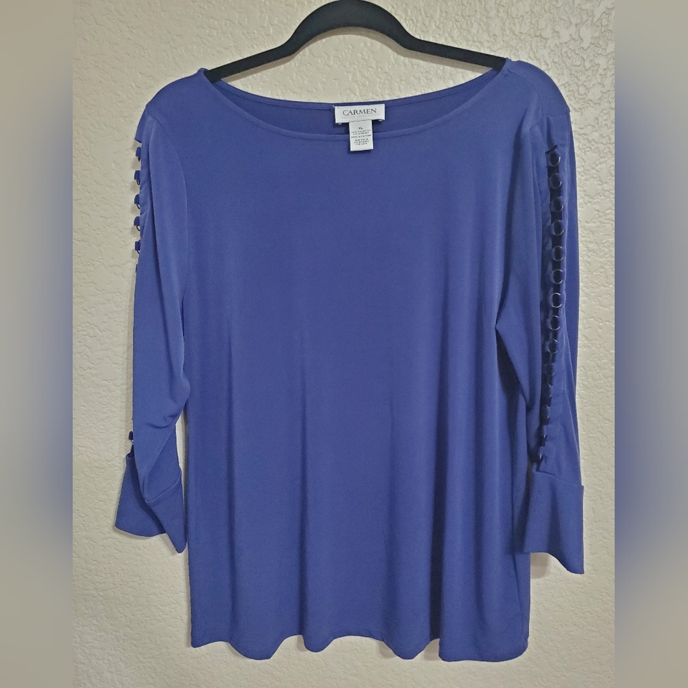 Carmen Marc Valvo Blue Long Sleeve Top w/ Gold Accents Women's Size X-Large